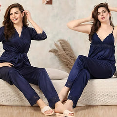 Navy Blue Lacy silky nightwear with Robe