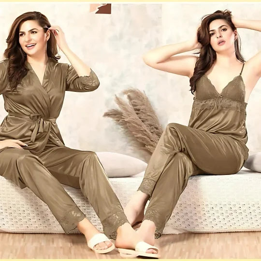 Brown Lacy silky nightwear with Robe