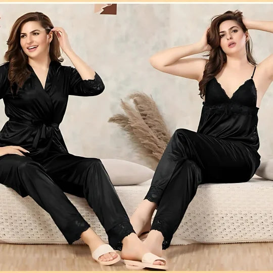 Black Lacy silky nightwear with Robe