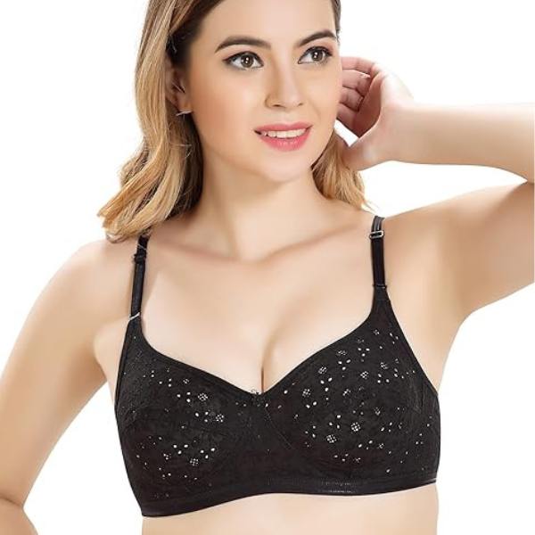 Black Breatheable Cotton Bra with Full Cup Embroidery