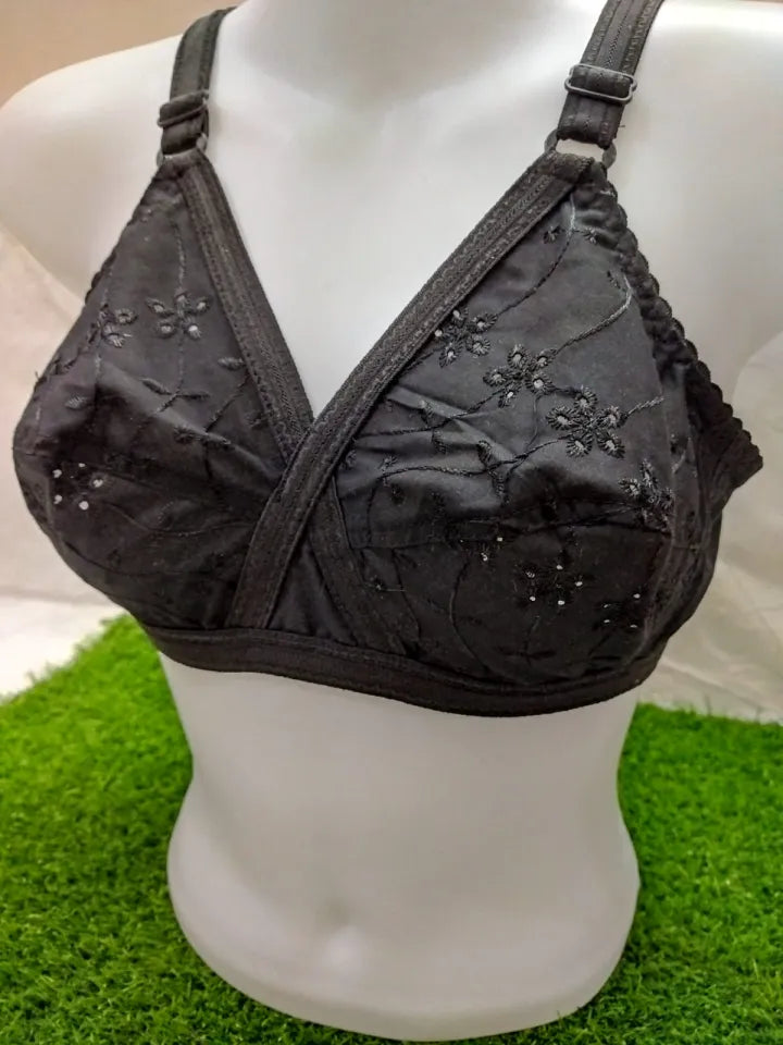 Black Breatheable Cotton Bra with Full Cup Embroidery